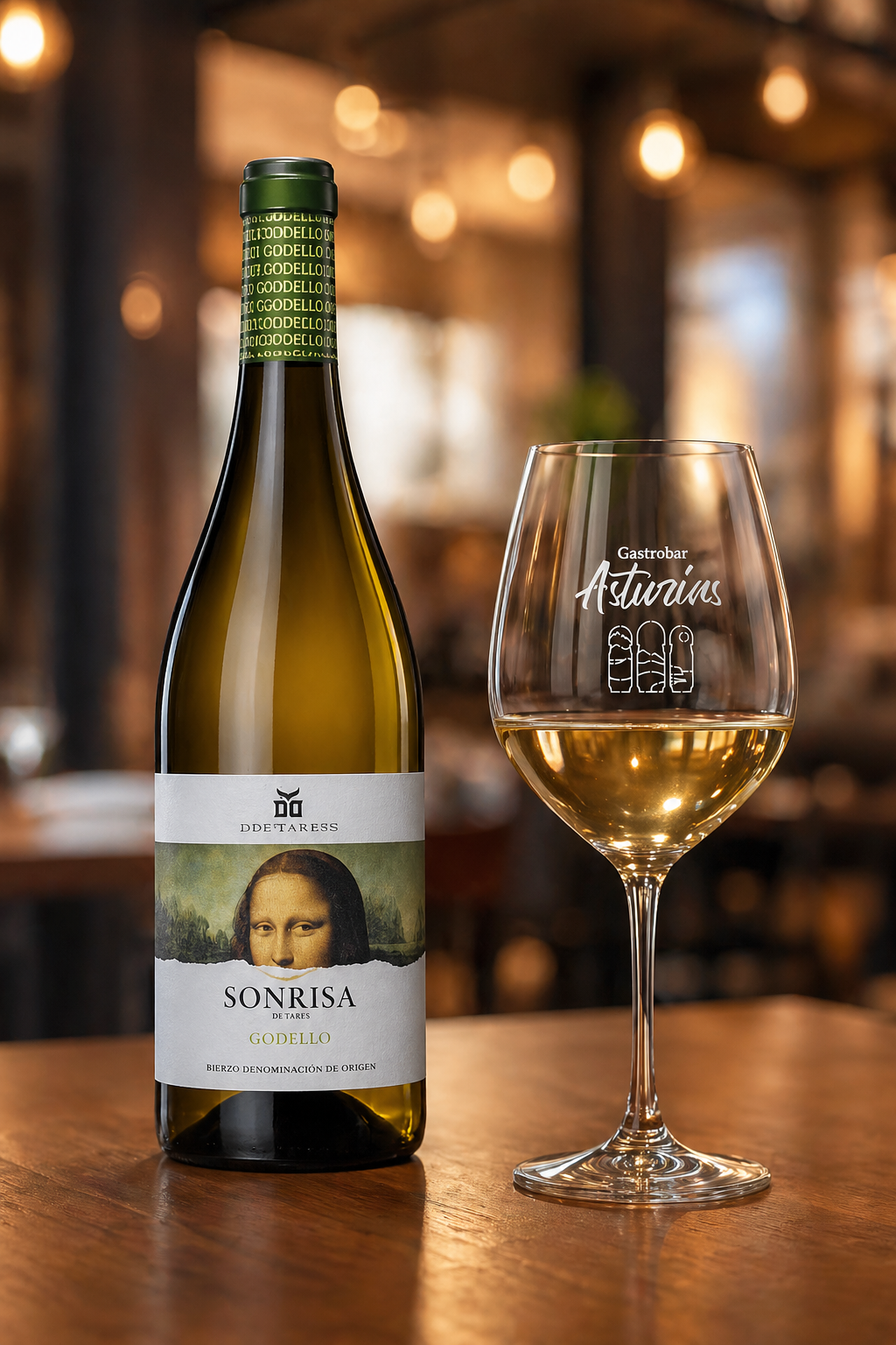 Godello Sonrisa de Tares y copa con logotipo